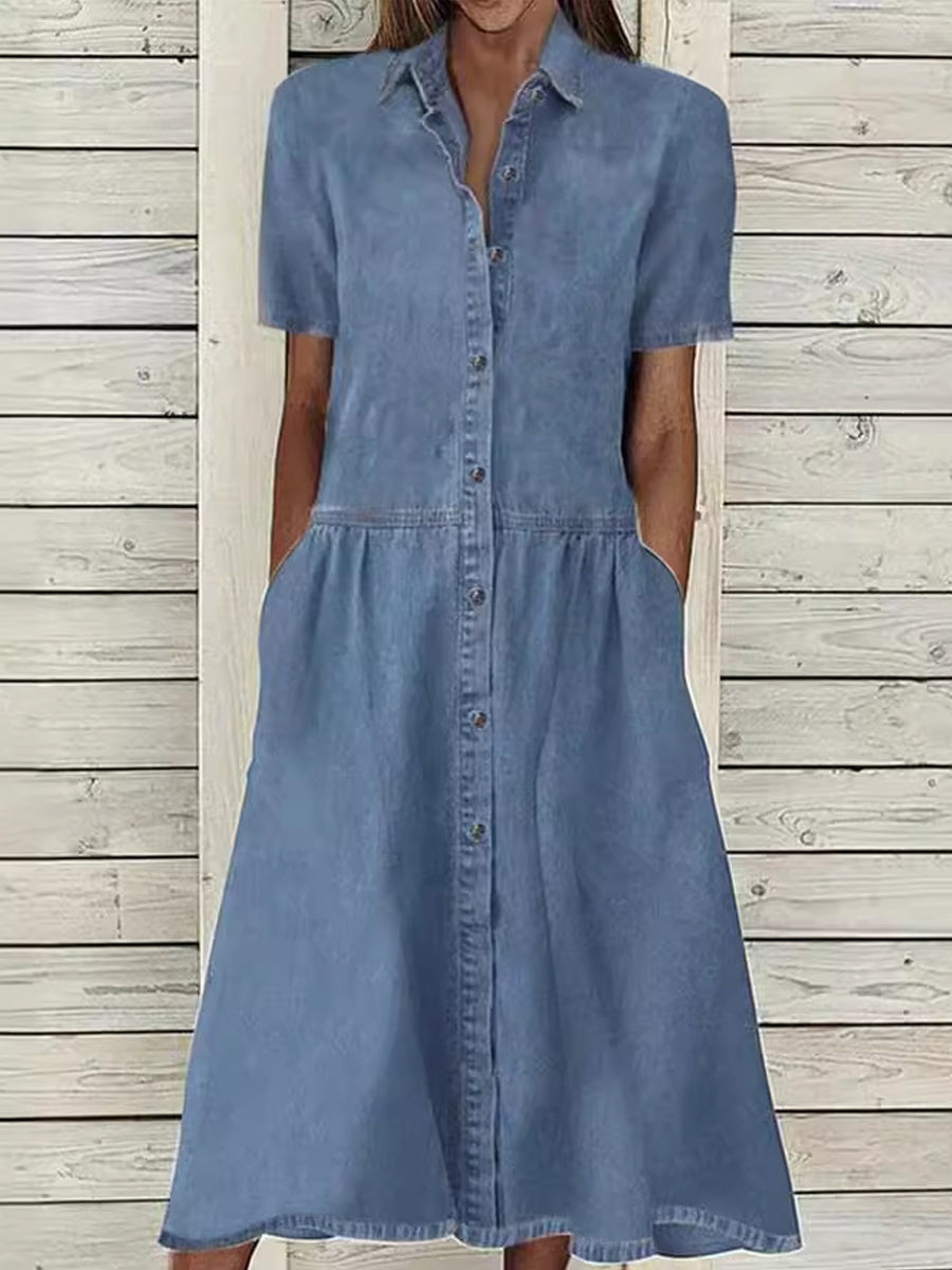Kvinders afslappet elegante denimkjole med korte ærmer