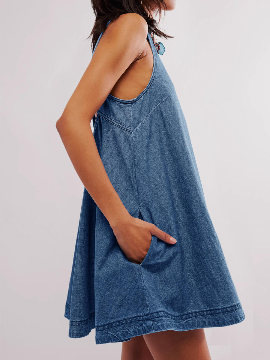 Kvinders ærmeløse Rygløs Denim Mini Kjole