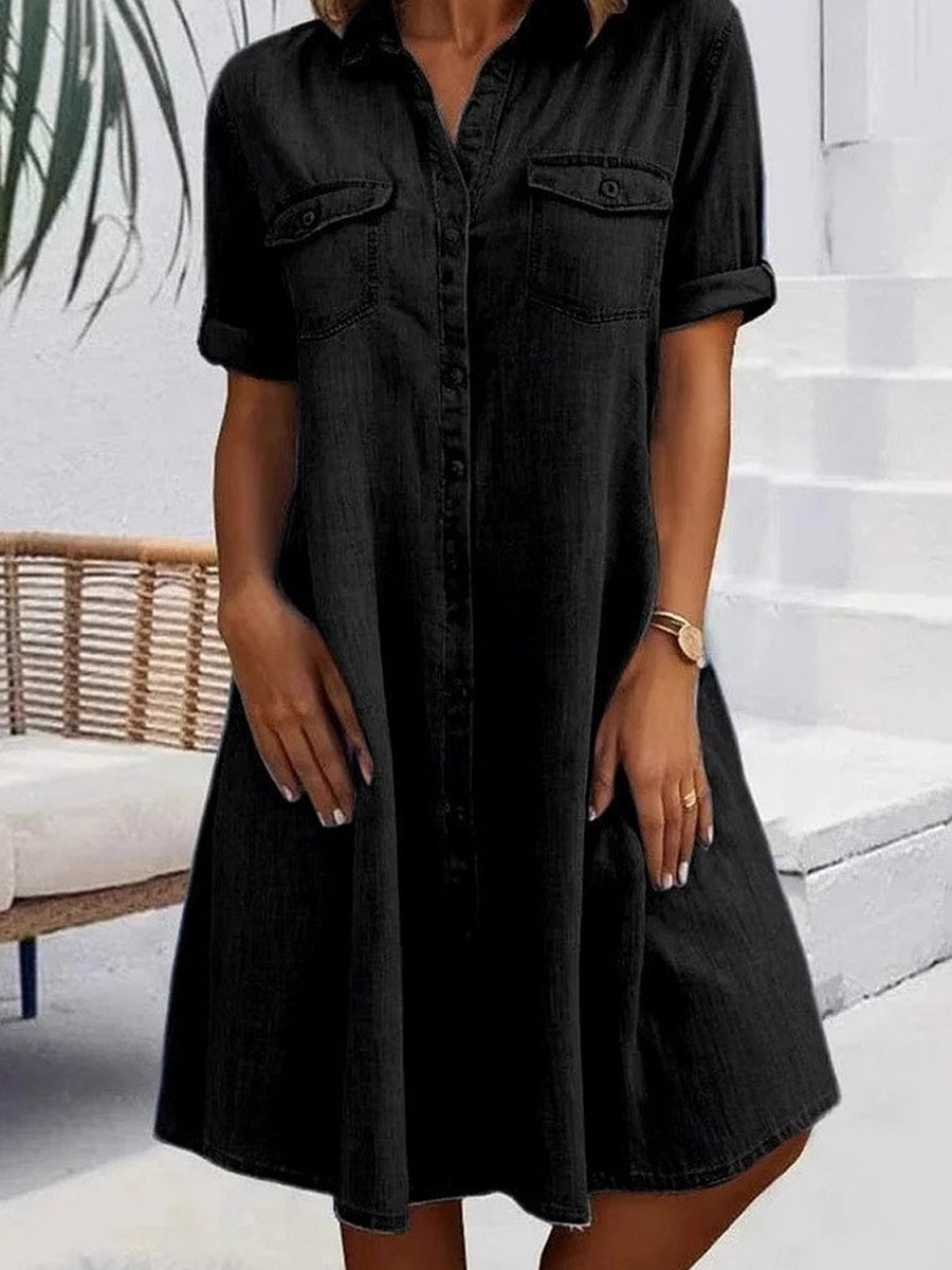 Kvinders Casual Elegant Mid-længde Denim Style skjortekjole