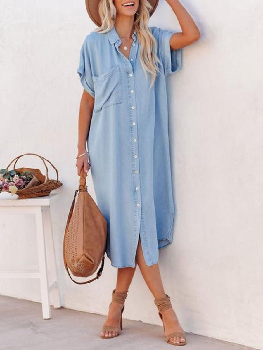 Kvinders letvægt Mid-længde Denim-stil skjortekjole