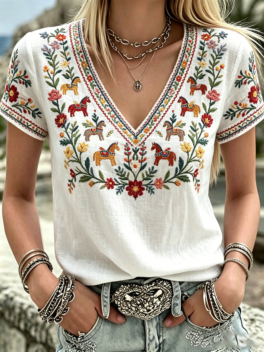 Kvinders svenske midsommer Print V-hals Casual T-shirt