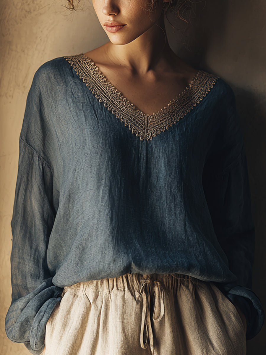 Kvindernes Vintage Lace Patchwork Linen skjorte