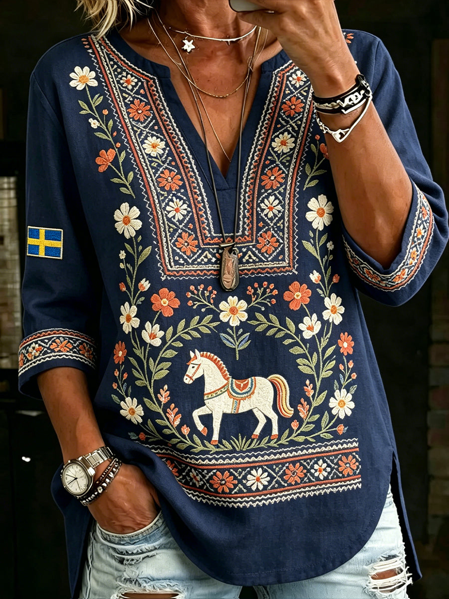 Kvinders Midsommerfestival Etnisk Print Afslappet V-udskæring Top