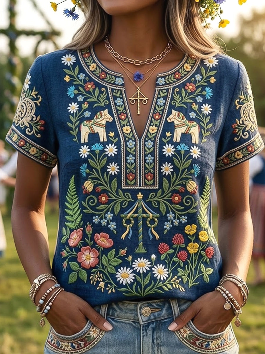 Kvinder Retro svensk midsommer blomster kunst Casual V-hals T-shirt