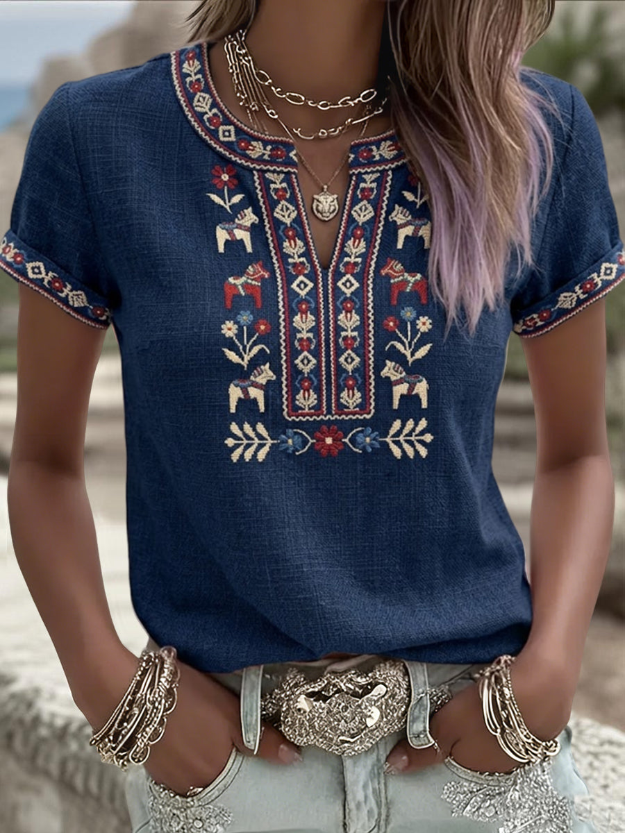Kvinder Retro svensk midsommer Blomster Patchwork Casual T-shirt