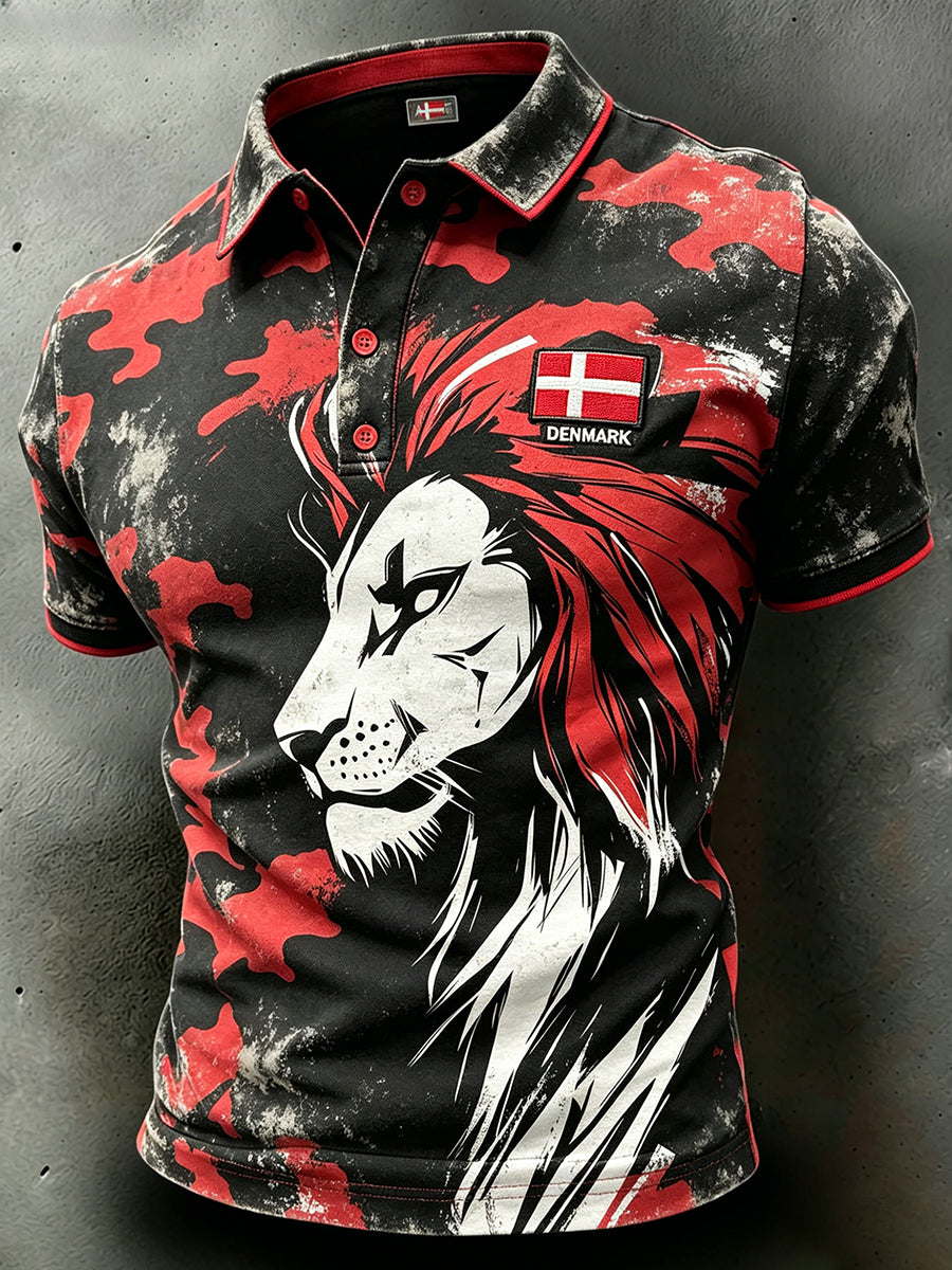 Mænds slidt camouflage-polo med korte ærmer og løveprint