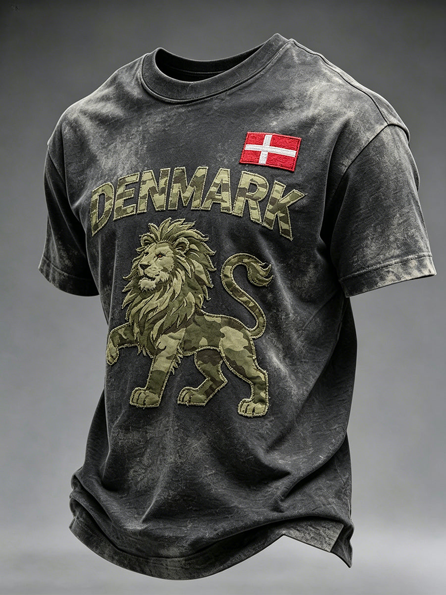 Mænds slidt camouflage t-shirt med løveprint og korte ærmer