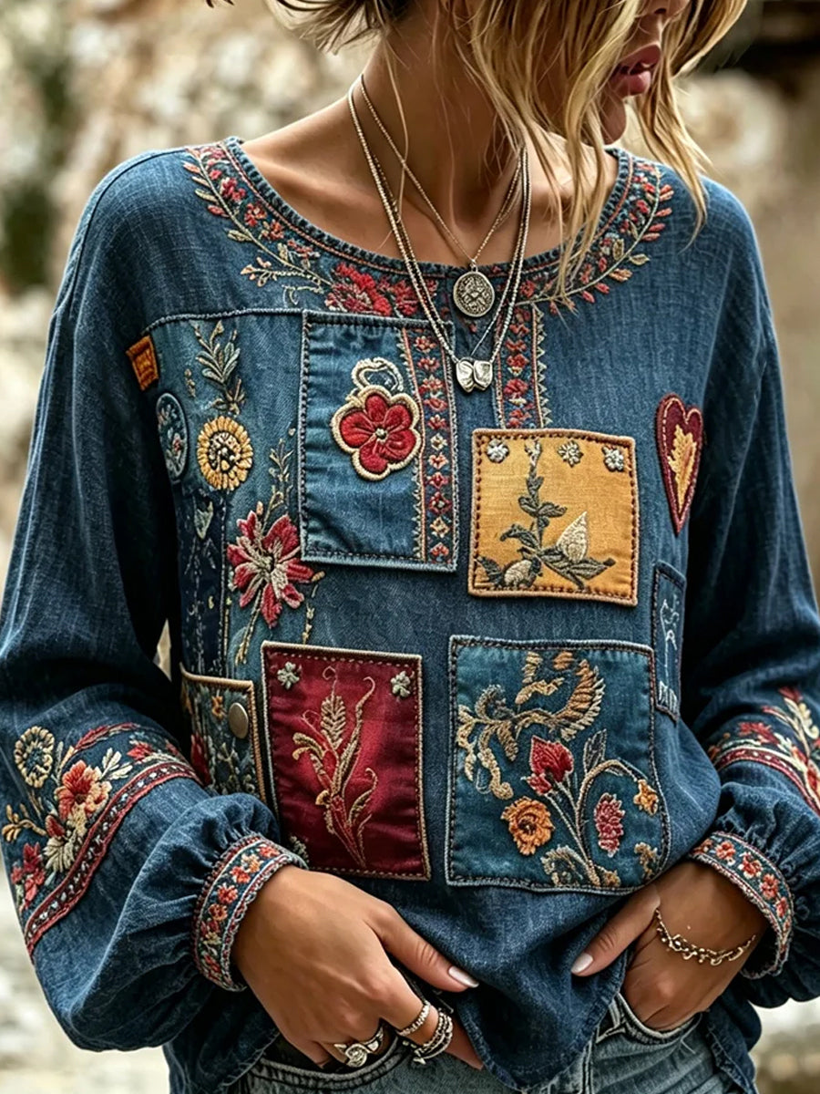 Kvinders vintage blomsterprint af kunst i stil med retro, afslappet top i bomuld-lin ⇒