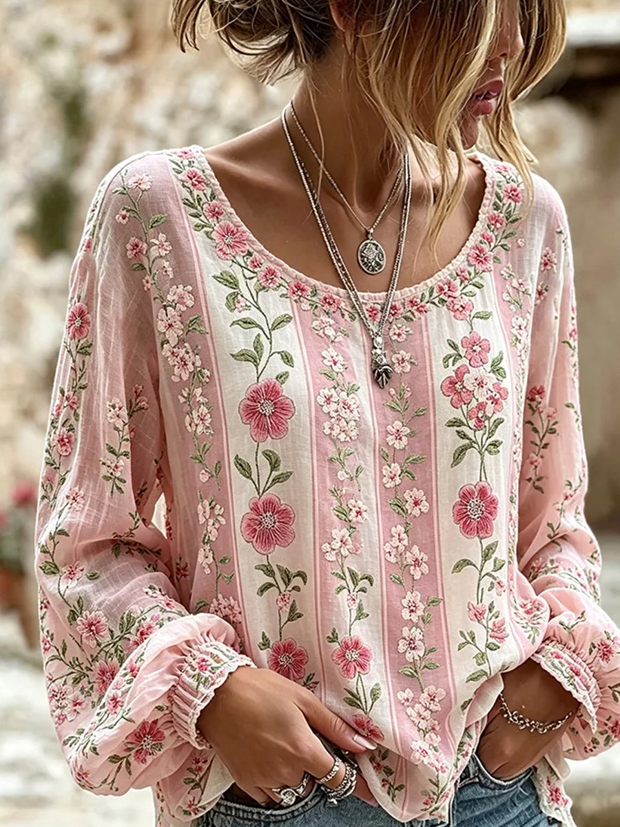 Kvinders Vintage blomsterkunst udskrive Casual Cotton-Linen