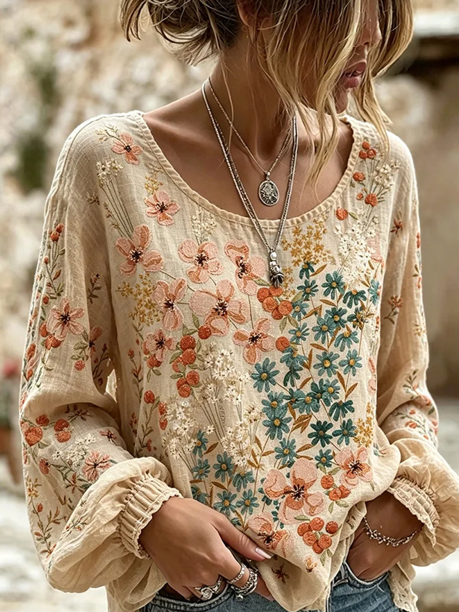 Kvinders vintage blomsterprint af kunst i stil med retro, afslappet top i bomuld-lin ⇒