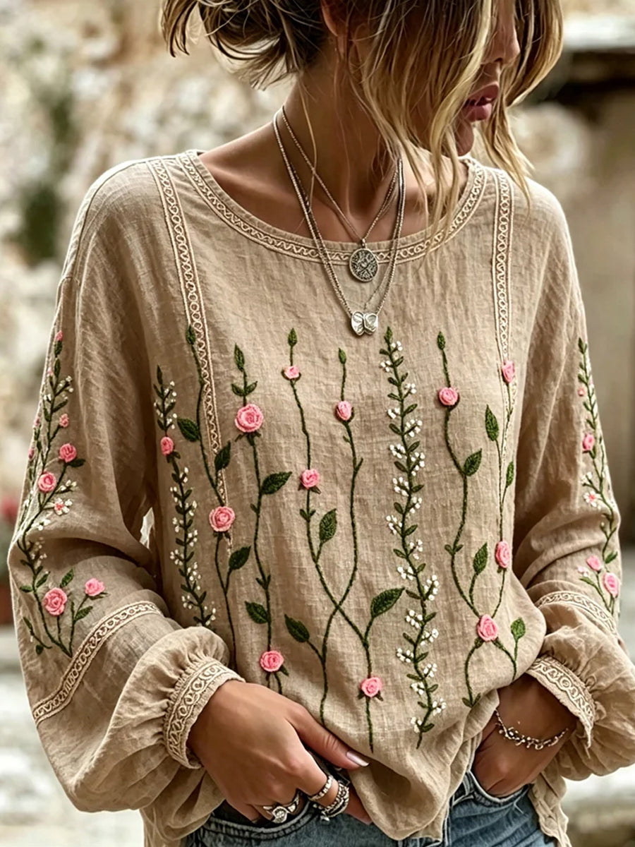 Kvinders vintage blomsterprint af kunst i stil med retro, afslappet top i bomuld-lin ⇒