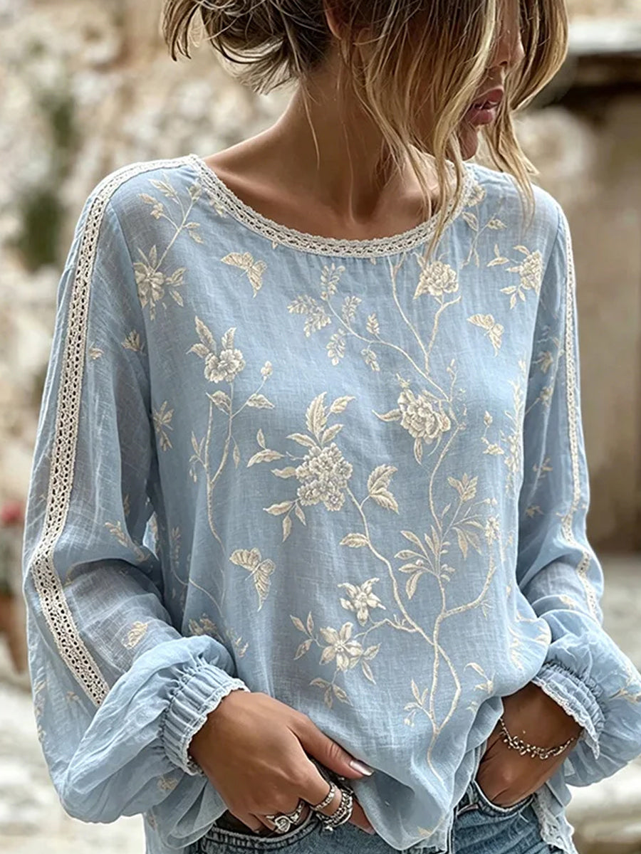 Kvinders vintage blomsterprint af kunst i stil med retro, afslappet top i bomuld-lin ⇒