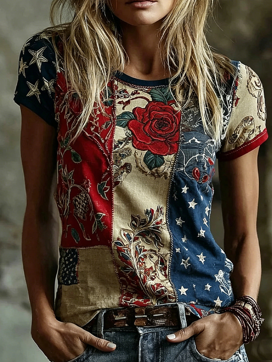 Kvinders vintage blomsterprint af kunst i stil med retro, afslappet top i bomuld-lin ⇒