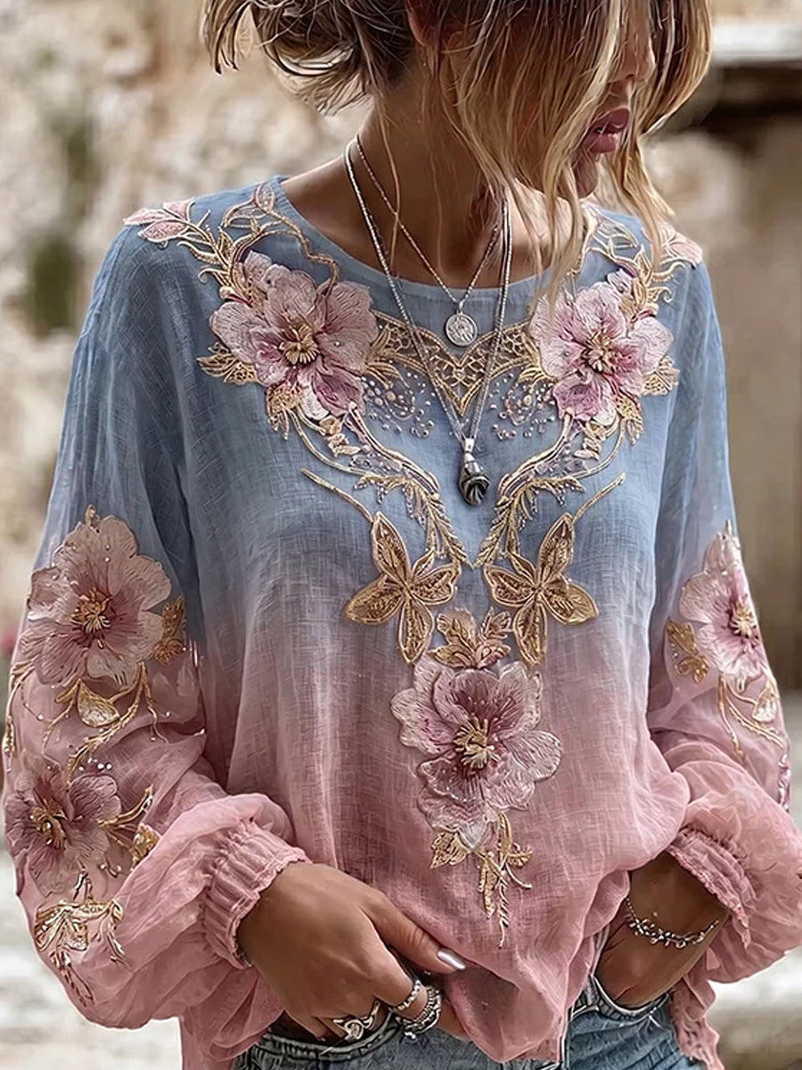Retro floral kunstprint afslappet top i bomuld-linetrøje