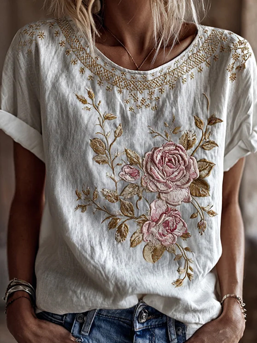 Retro blomsterkunstprint afslappet bomulds-linnet-shirt