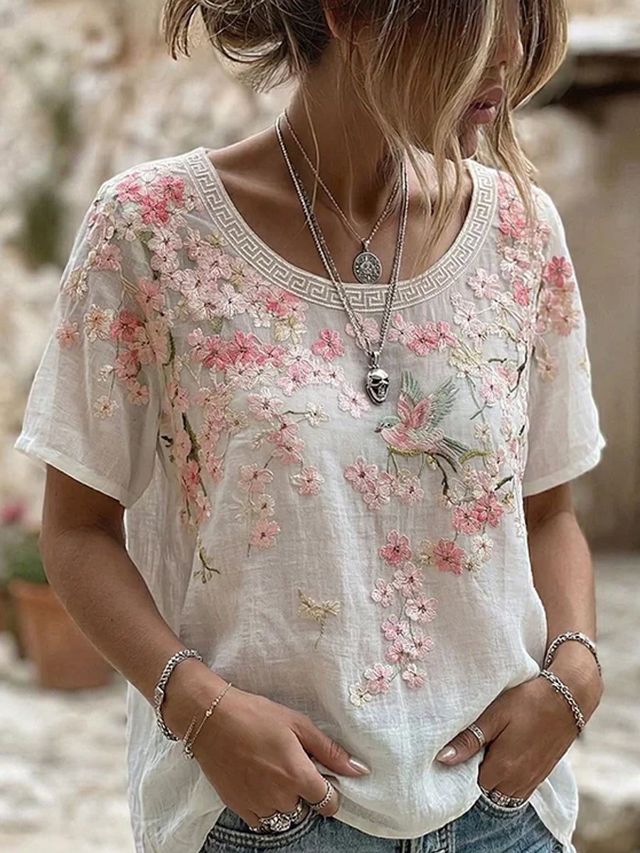 Retro blomsterkunstprint afslappet bomulds-linnet-shirt