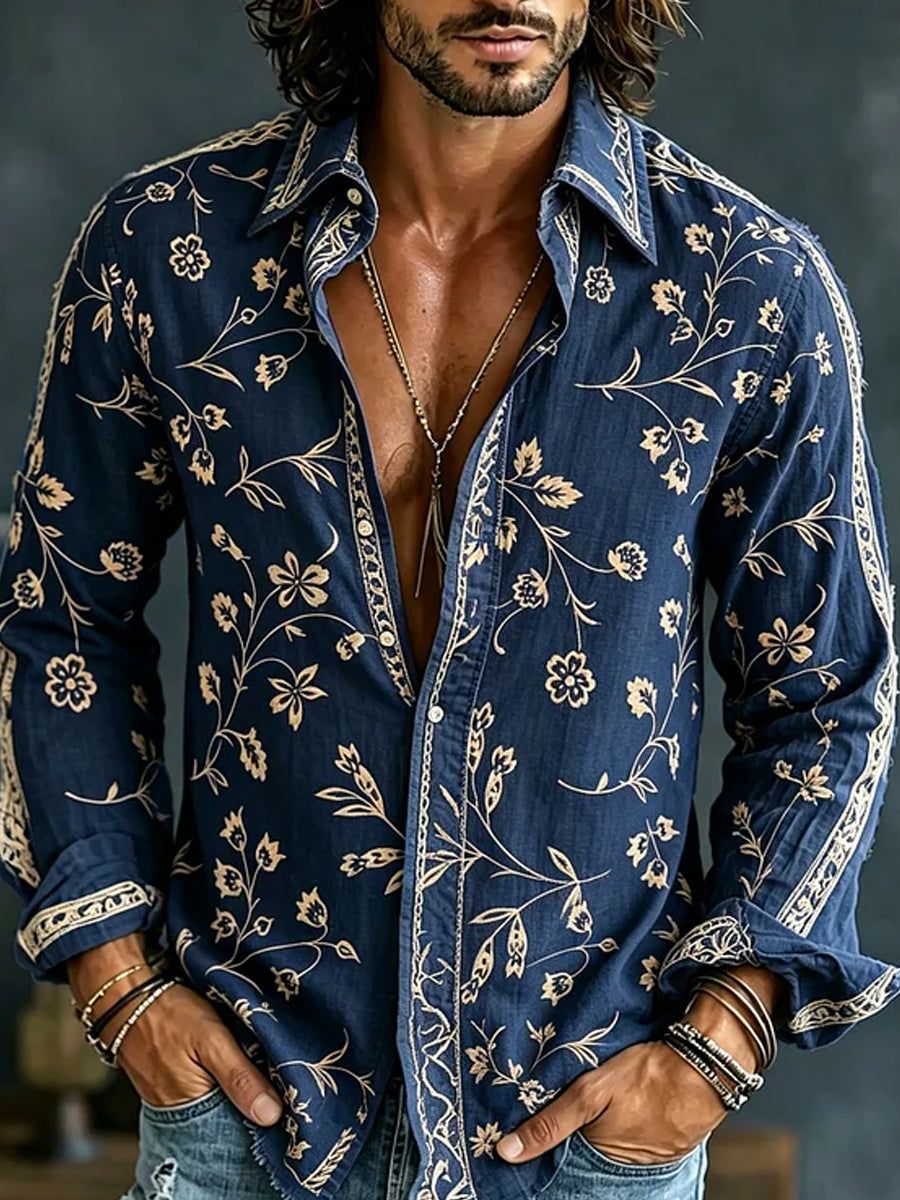 Retro broderet kunst print Casual Cotton-Linen skjorte