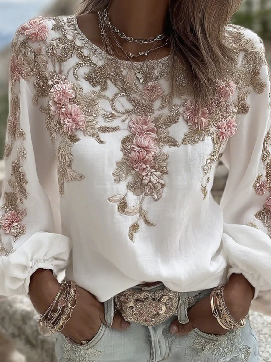 Kvinders vintage blomsterprint af kunst i stil med retro, afslappet top i bomuld-lin ⇒