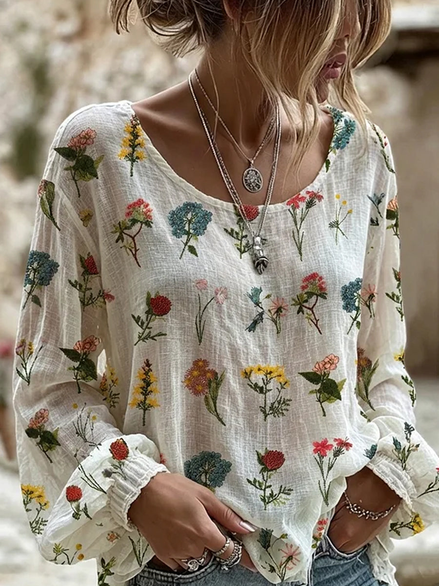 Kvinders vintage blomsterprint af kunst i stil med retro, afslappet top i bomuld-lin ⇒
