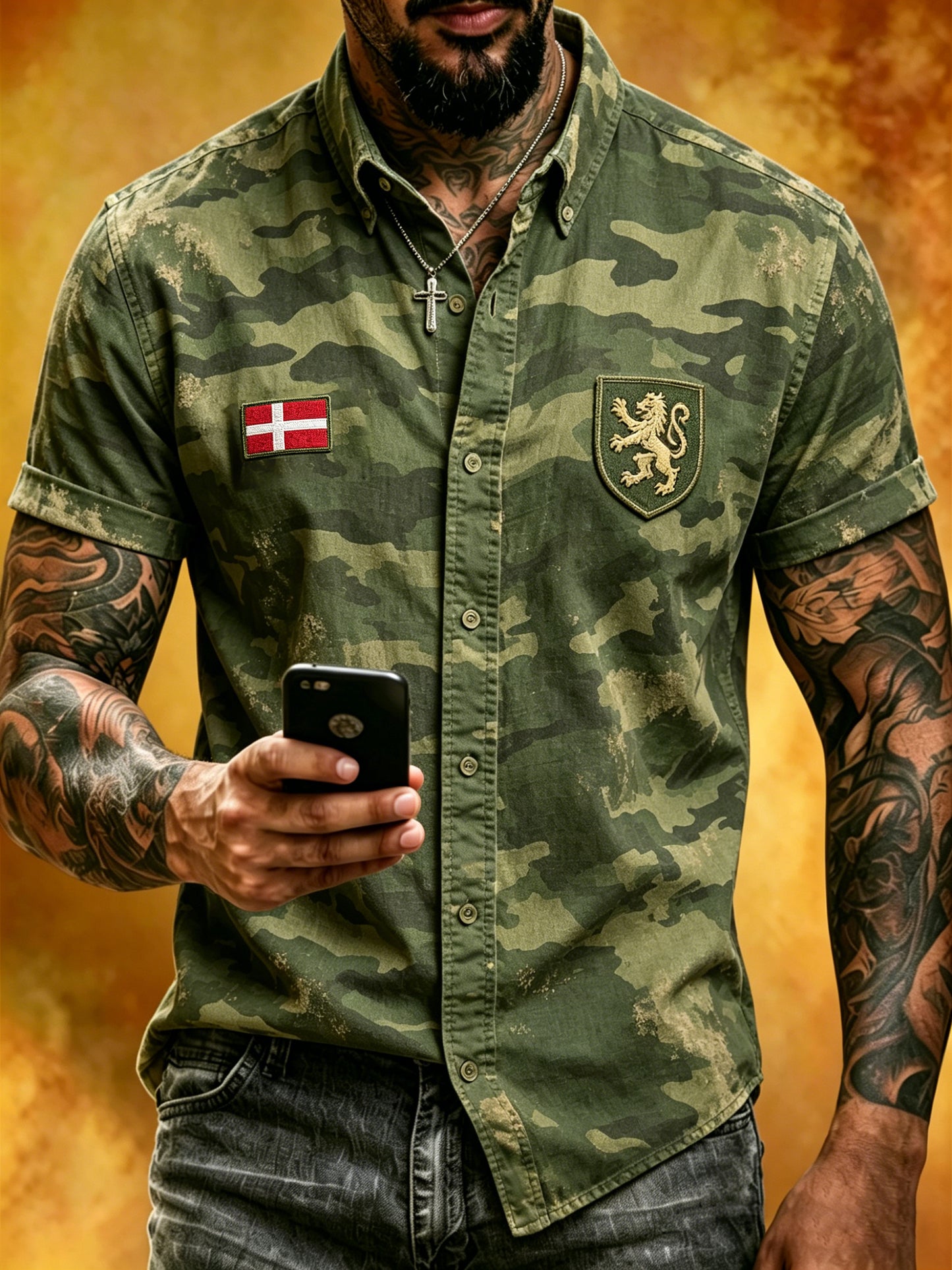 Mænds Casual Short-ærme skjorte med nedtrykt camouflage Print og broderi accents