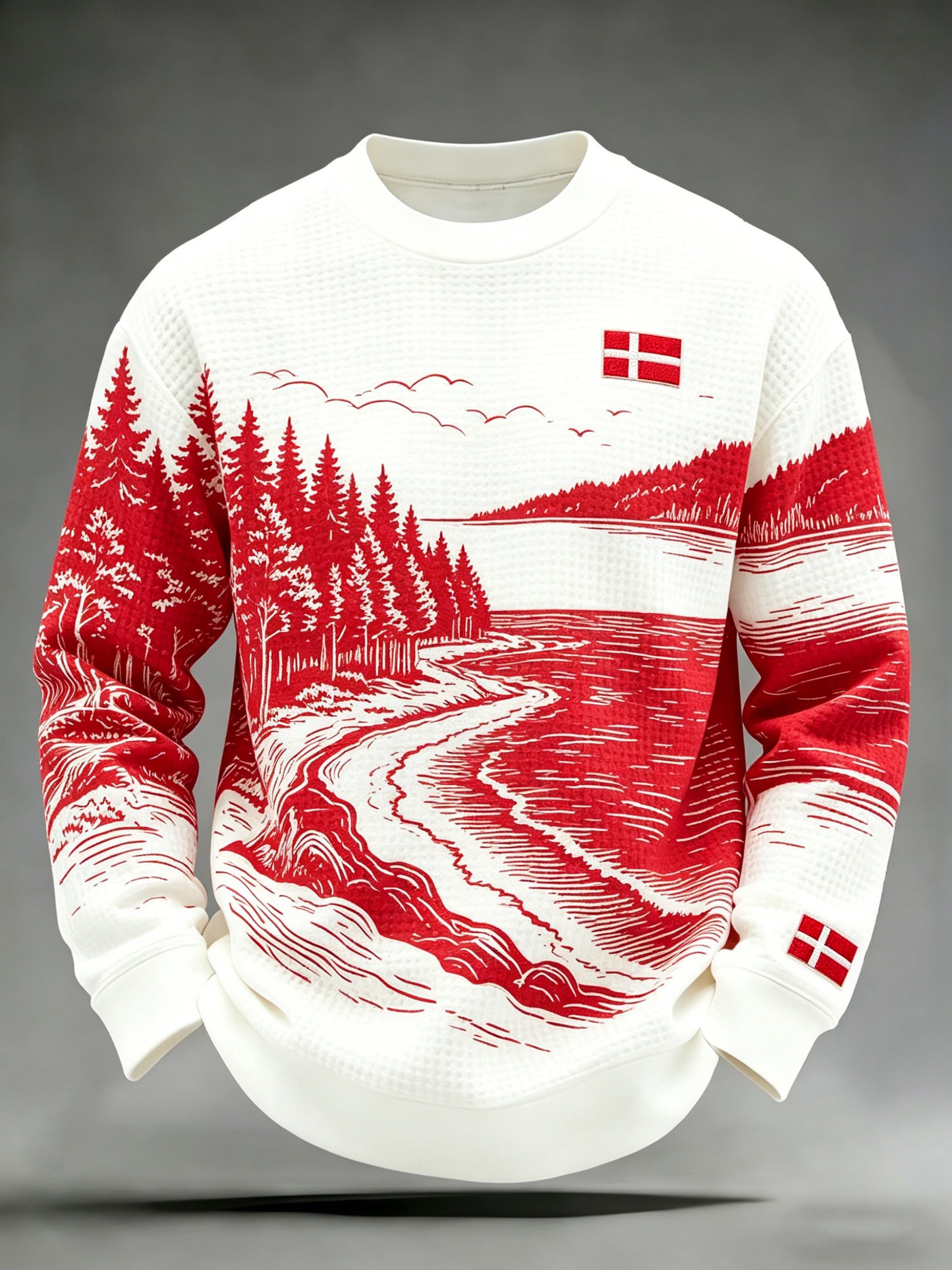 Mænds ferie-stil trykt Casual Vaffel Strik langærme T-shirt