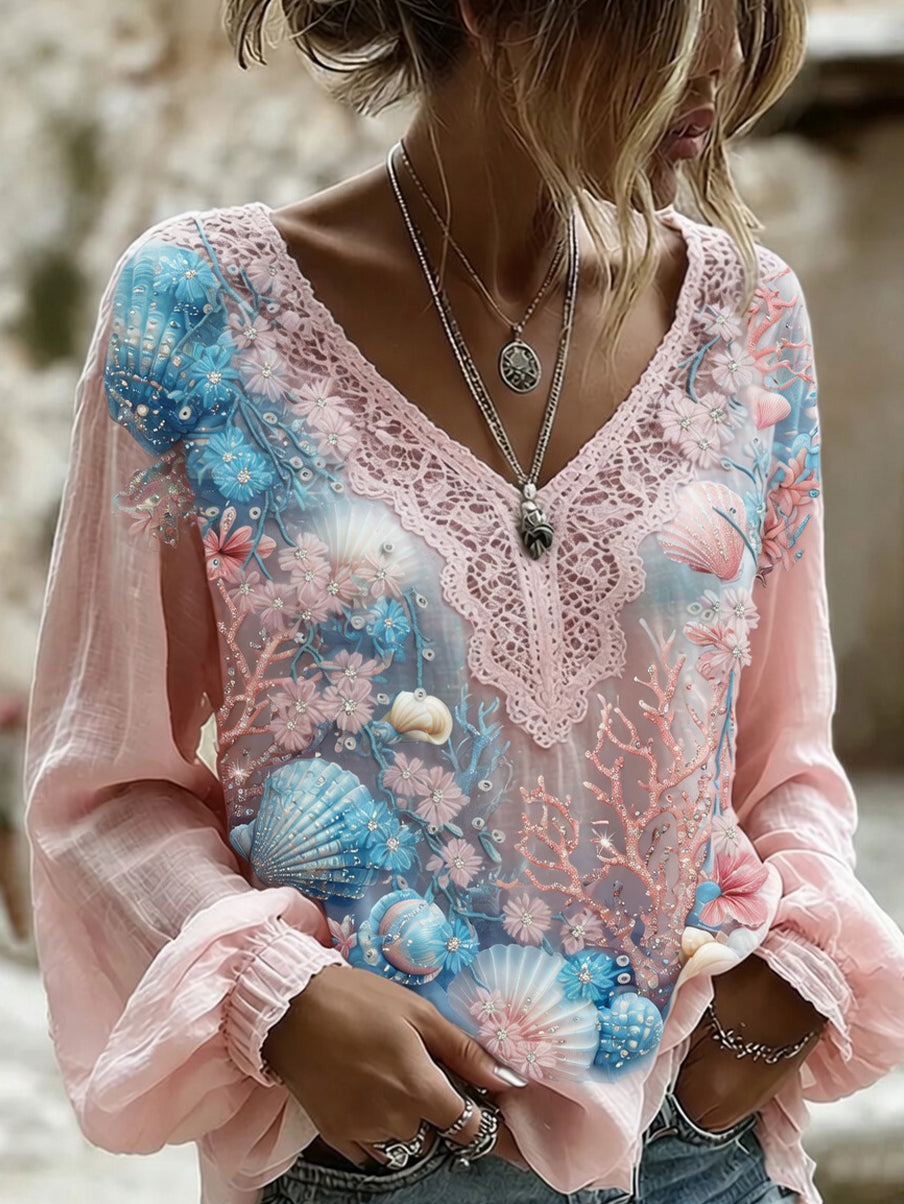 Kvinders vintage blomsterprint af kunst i stil med retro, afslappet top i bomuld-lin ⇒