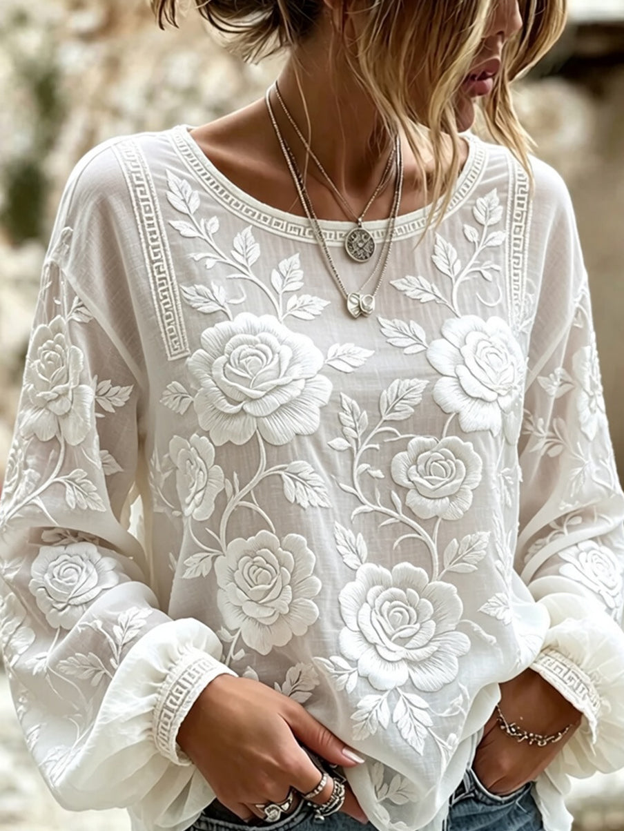 Kvinders vintage blomsterprint af kunst i stil med retro, afslappet top i bomuld-lin ⇒