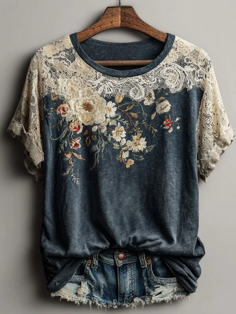 Kvinders vintage blomsterkunstprint afslappet t-shirt med korte ærmer
