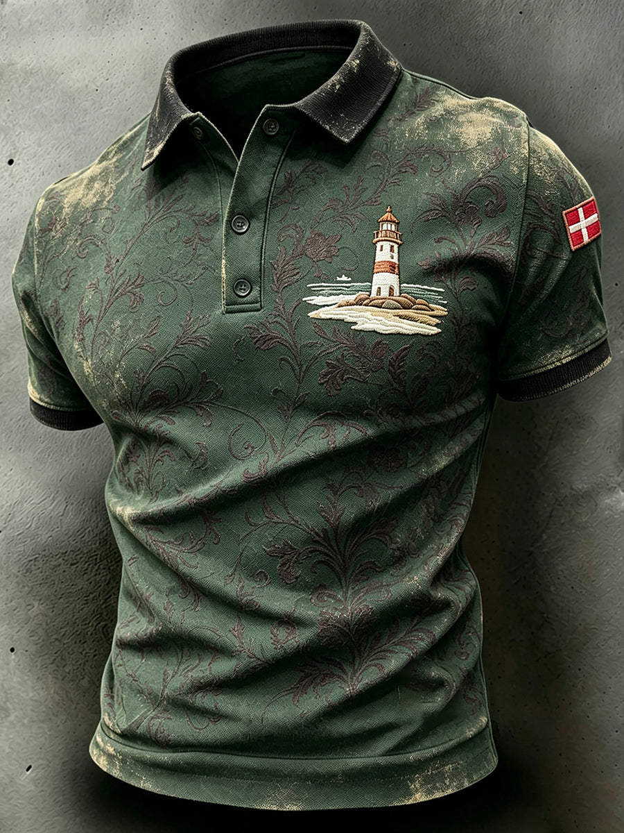 Mænds afslappet resort-poloshirt med naturskøn degradé-print