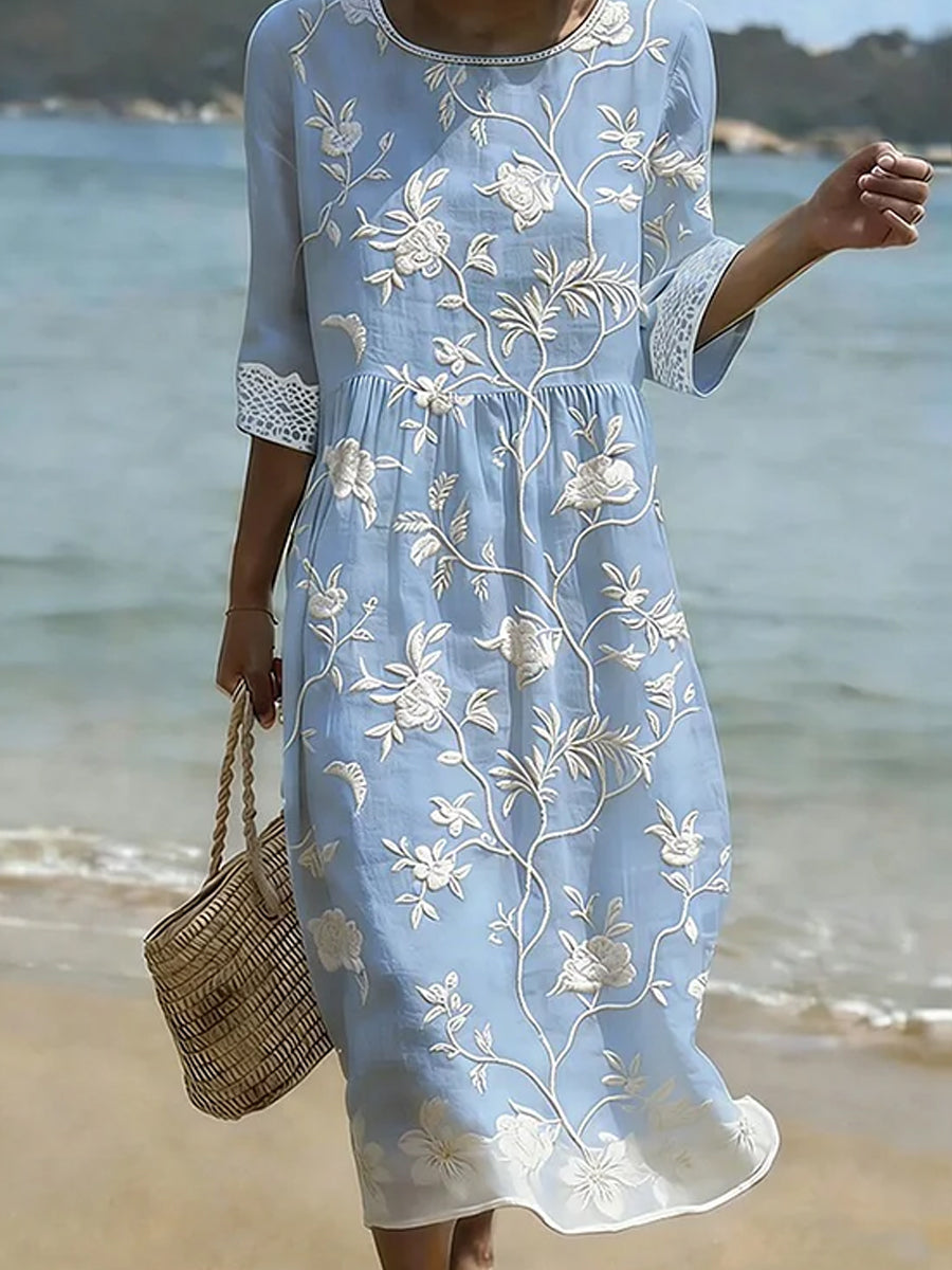 Kvinders vintage blomstrede boheme-stil elegant bomulds-linnet midi-kjole