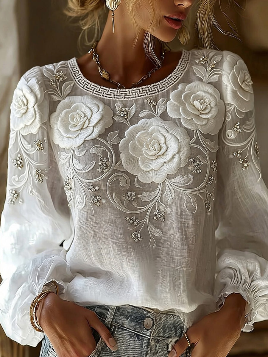 Kvinders vintage blomsterprint af kunst i stil med retro, afslappet top i bomuld-lin ⇒