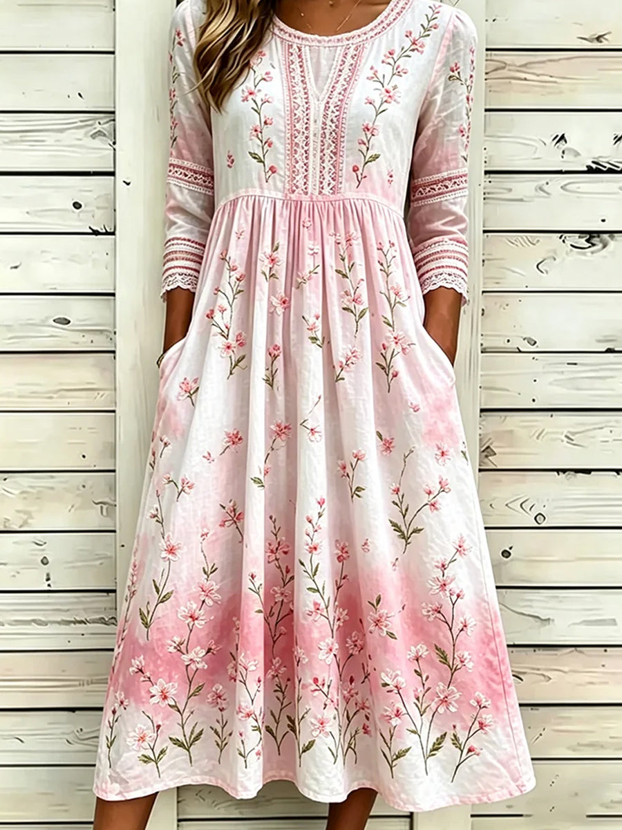 Kvinders Vintage blomster Bohemian-stil Elegant bomuld-Linen Midi kjole
