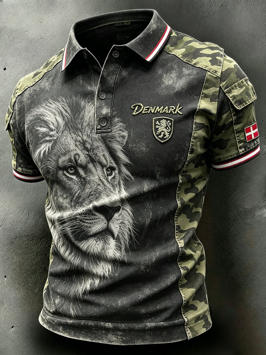 Mænds poloshirt med korte ærmer og patineret løve-camouflagetryk