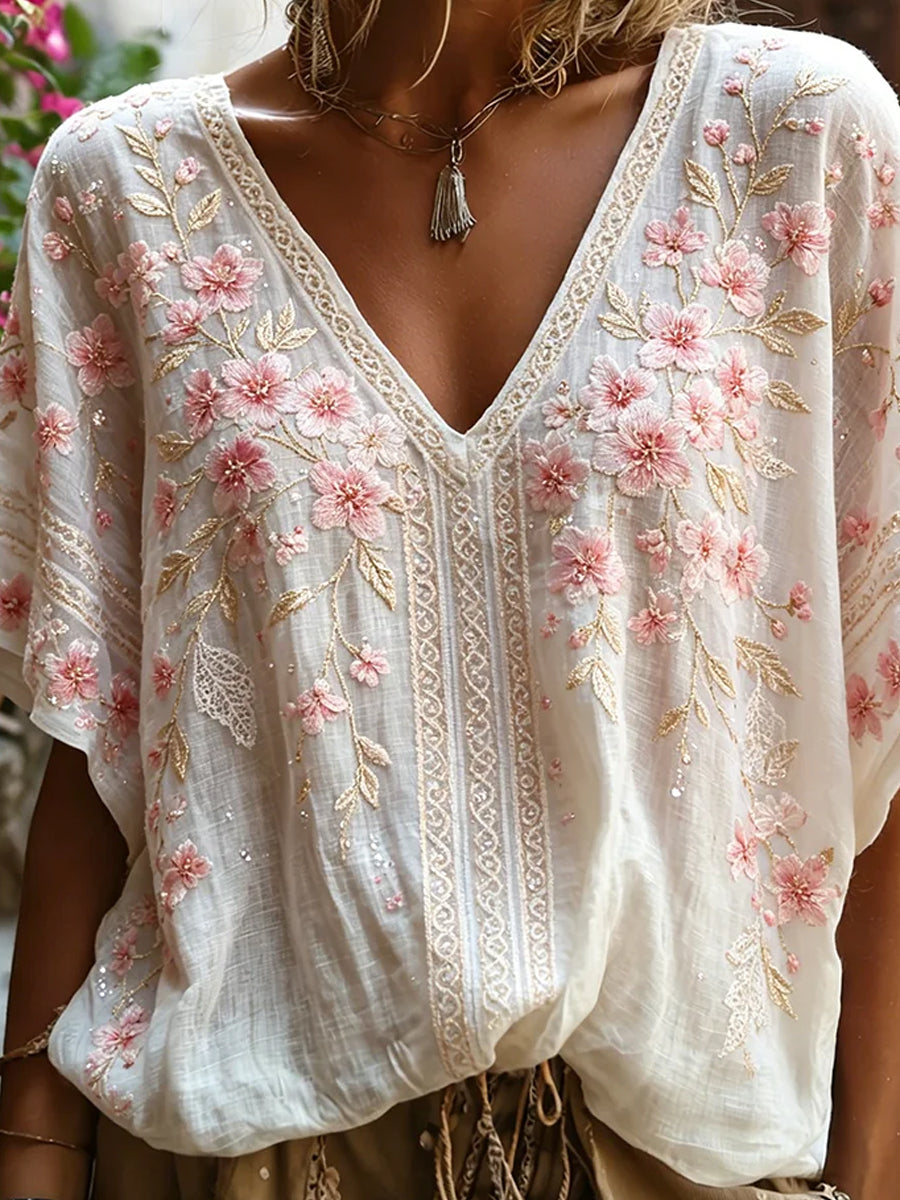 Kvinders vintage blomstermotiv kunsttryk afslappet top i bomuld-linен