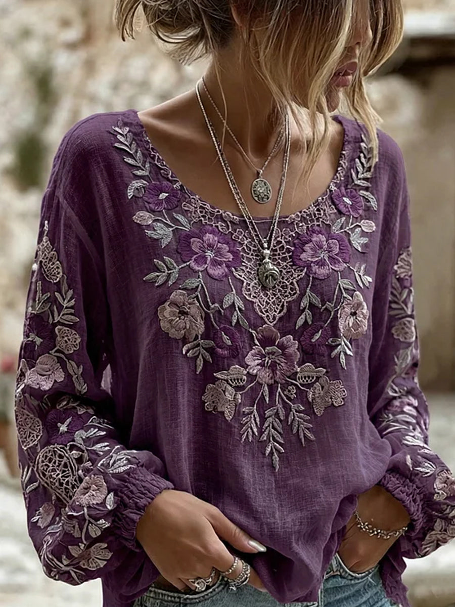 Retro floral kunstprint afslappet top i bomuld-linен
