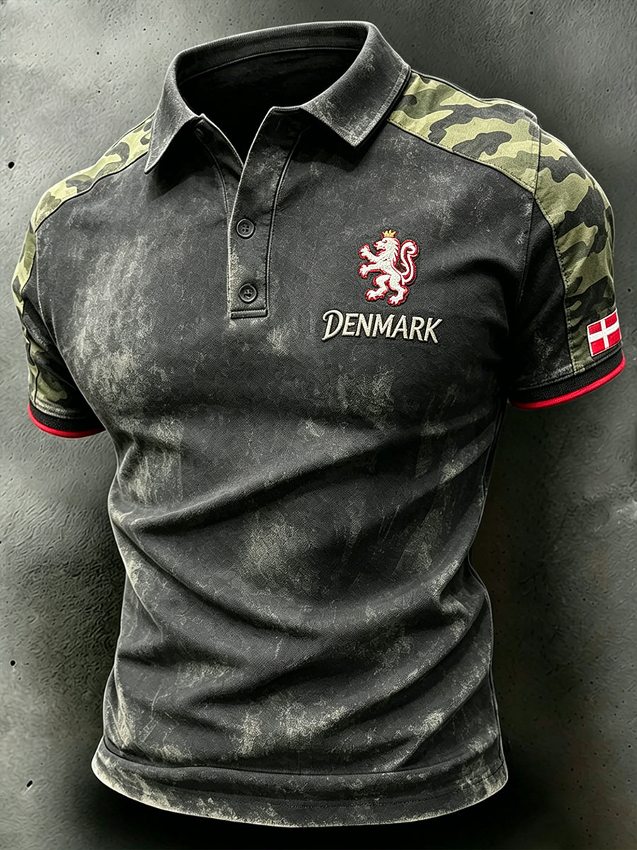 Mænds retro poloshirt med korte ærmer, løvemotiv og camouflageprint