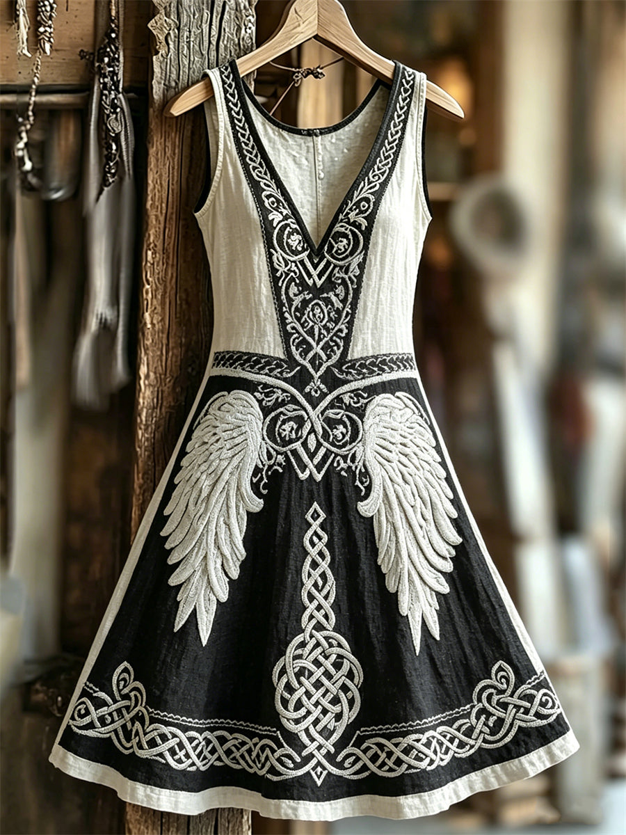 Kvinders Viking Wings Celtic Knod Print Kontrast Farve V-hals kjole