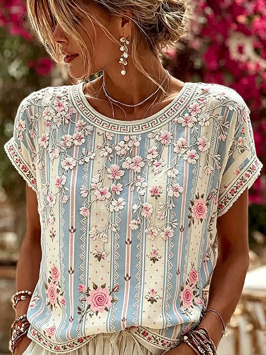 Kvinders retro blomsterkunstprint afslappet top i bomuld og hør