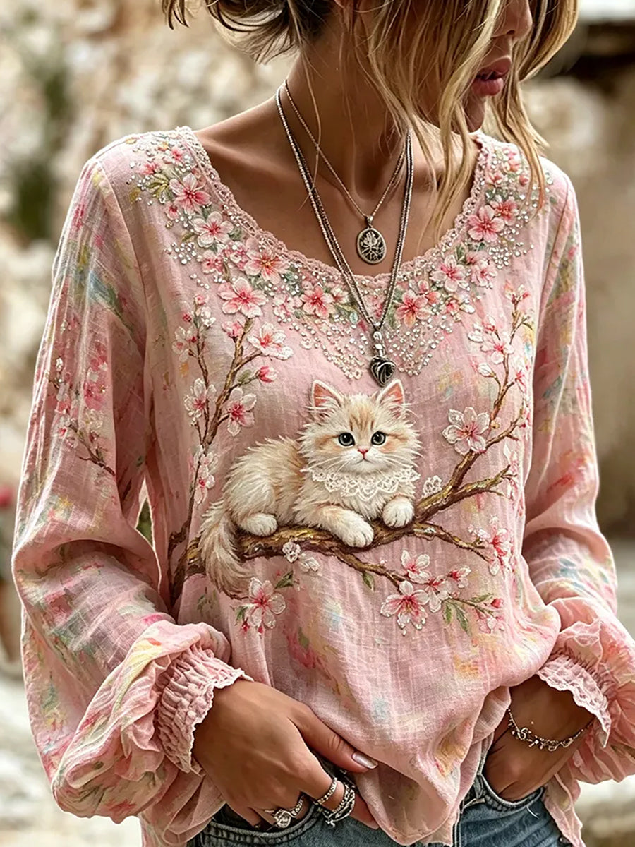 Kvinders vintage blomstermotiv kunsttryk afslappet top i bomuld-linен