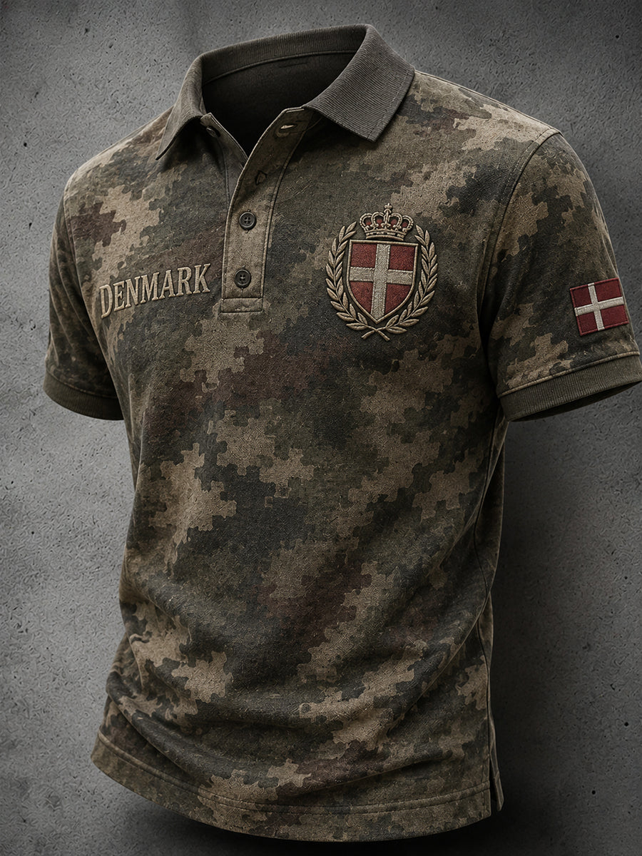 Mænds retro, slidt camouflageprint, poloshirt med korte ærmer