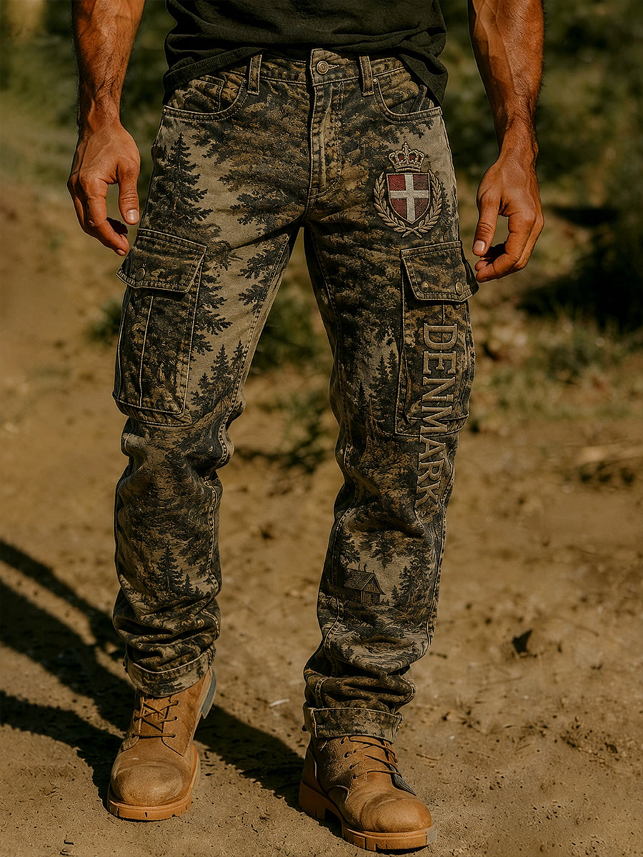Mænds Retro Distressed Forest Camouflage Print Cargo Buks