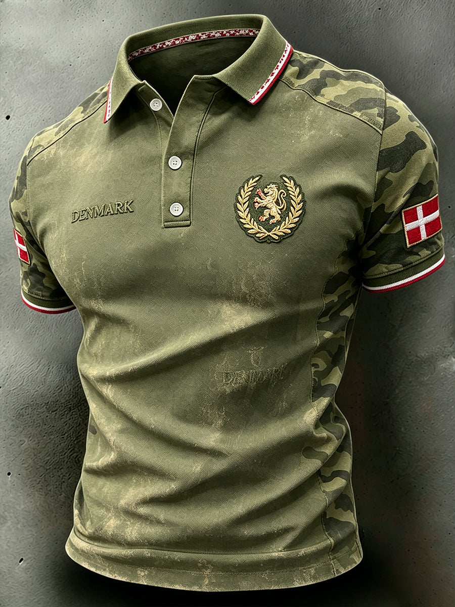 Herrepolo med korte ærmer, camouflage- og løvemønster