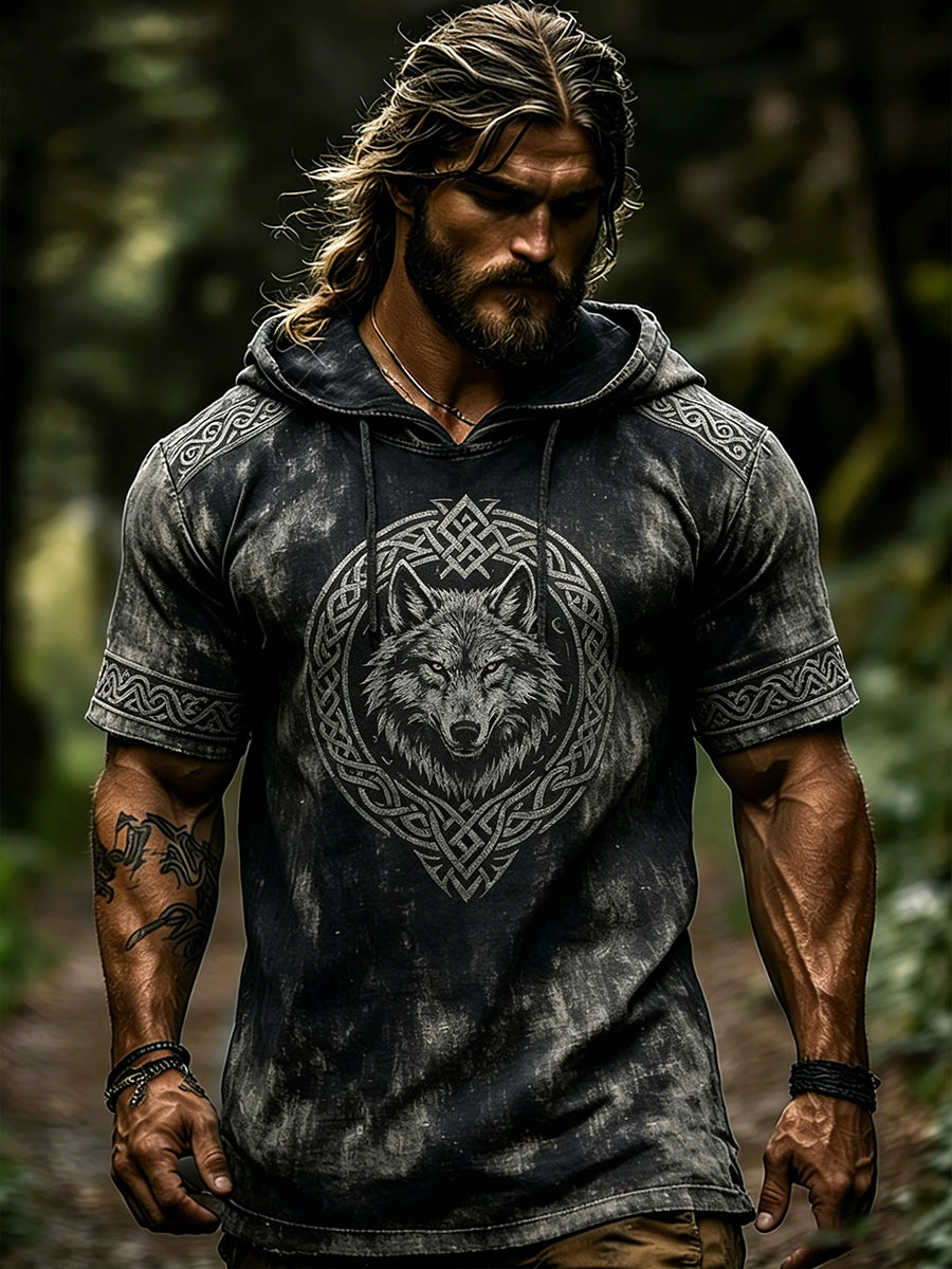 Mænds bekymrede korte ærmer Hoodie med vikinge-tema print