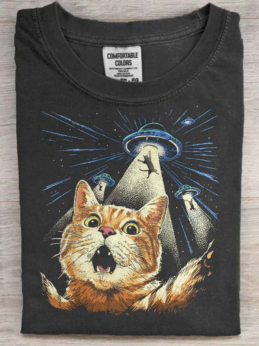 UFO kat print Casual Short-Sleeve T-shirt