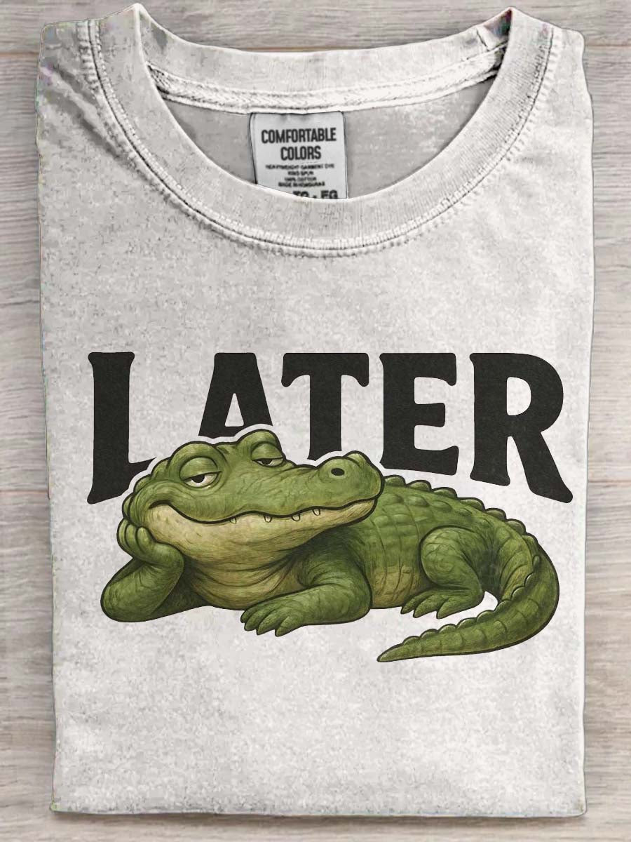 Crocodile Print Casual Kort-ærme T-shirt