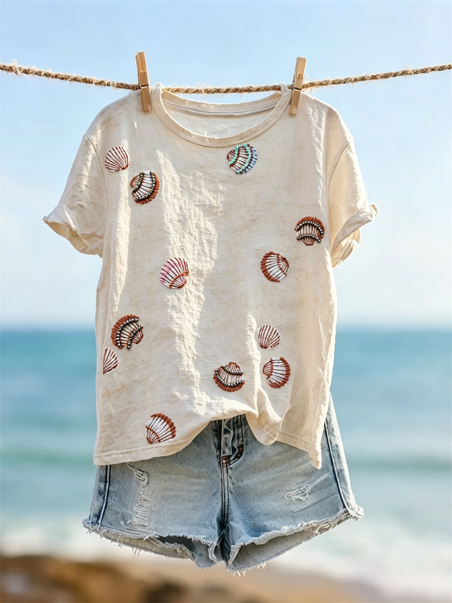 Kvindernes Sea Shells på stranden Print kortærmet T-shirt