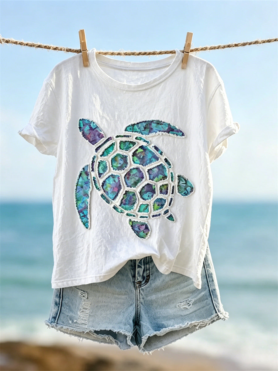 Kvinder Sea Turtle Frayed Fiber Art Print kortærmet T-shirt