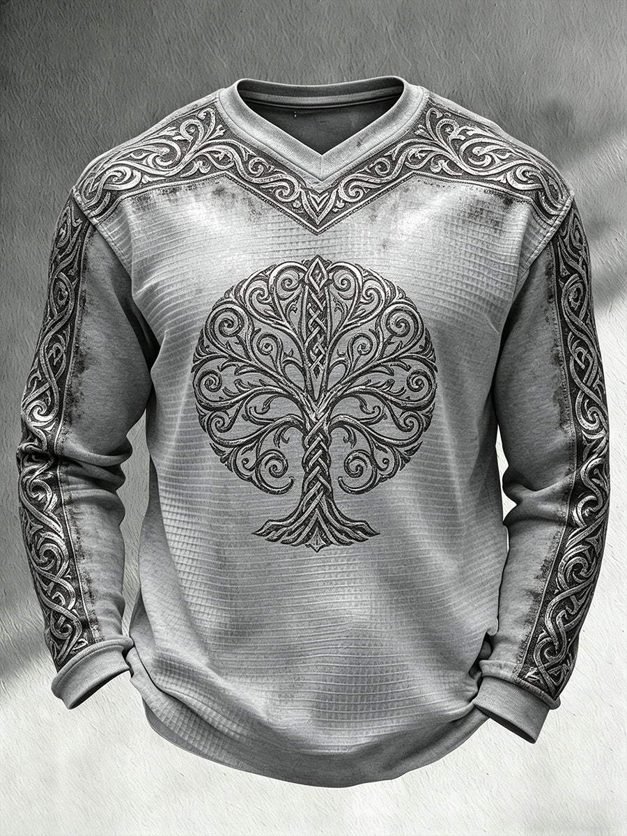Mænds Retro Viking-tema Print Casual Vaffel-Knit V-hals langærme øverst