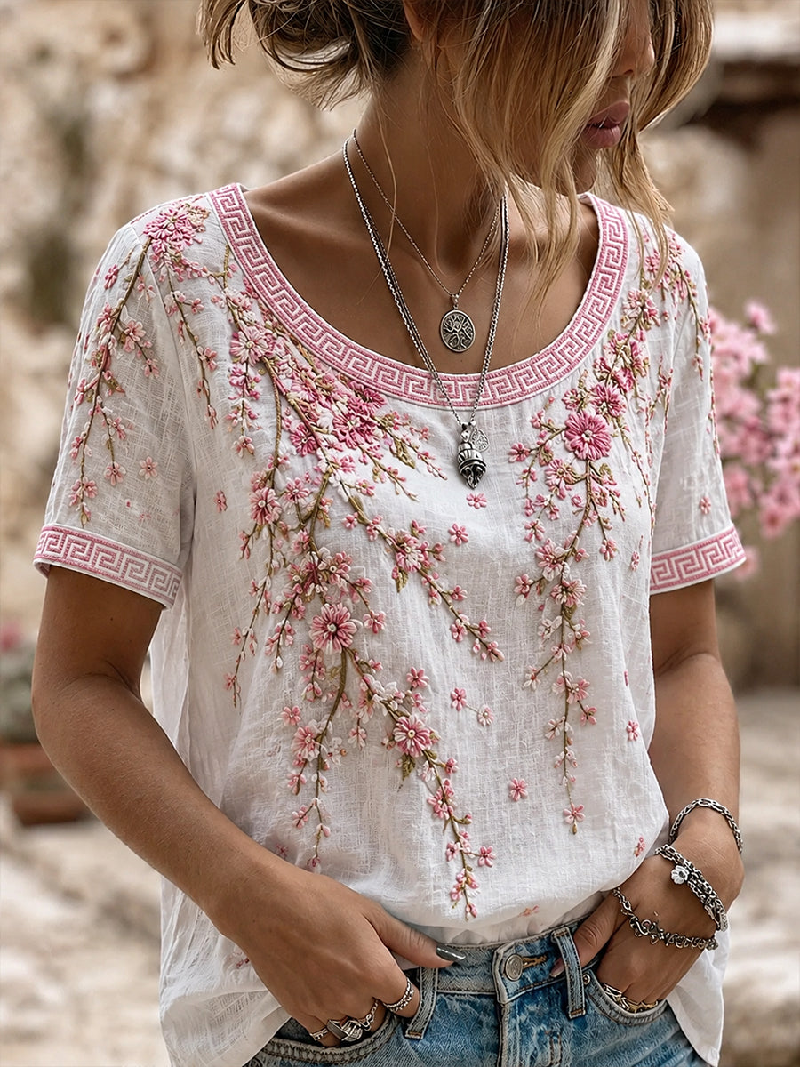 Kvinders vintage blomstermotiv kunsttryk afslappet top i bomuld-linен