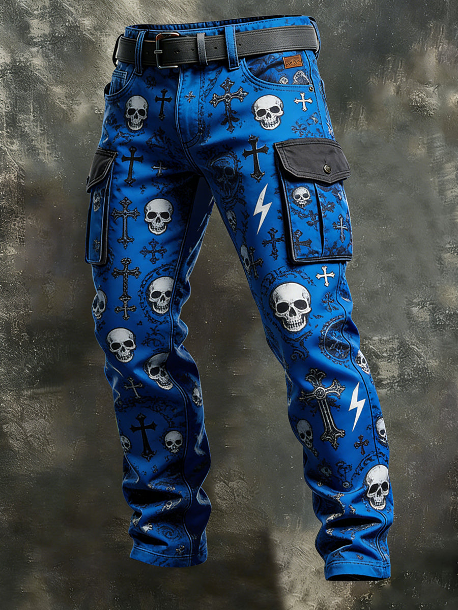 Mænds retro ferie-, business- og punk-stil bukser med dødshoved-print, afslappet arbejdstøj
